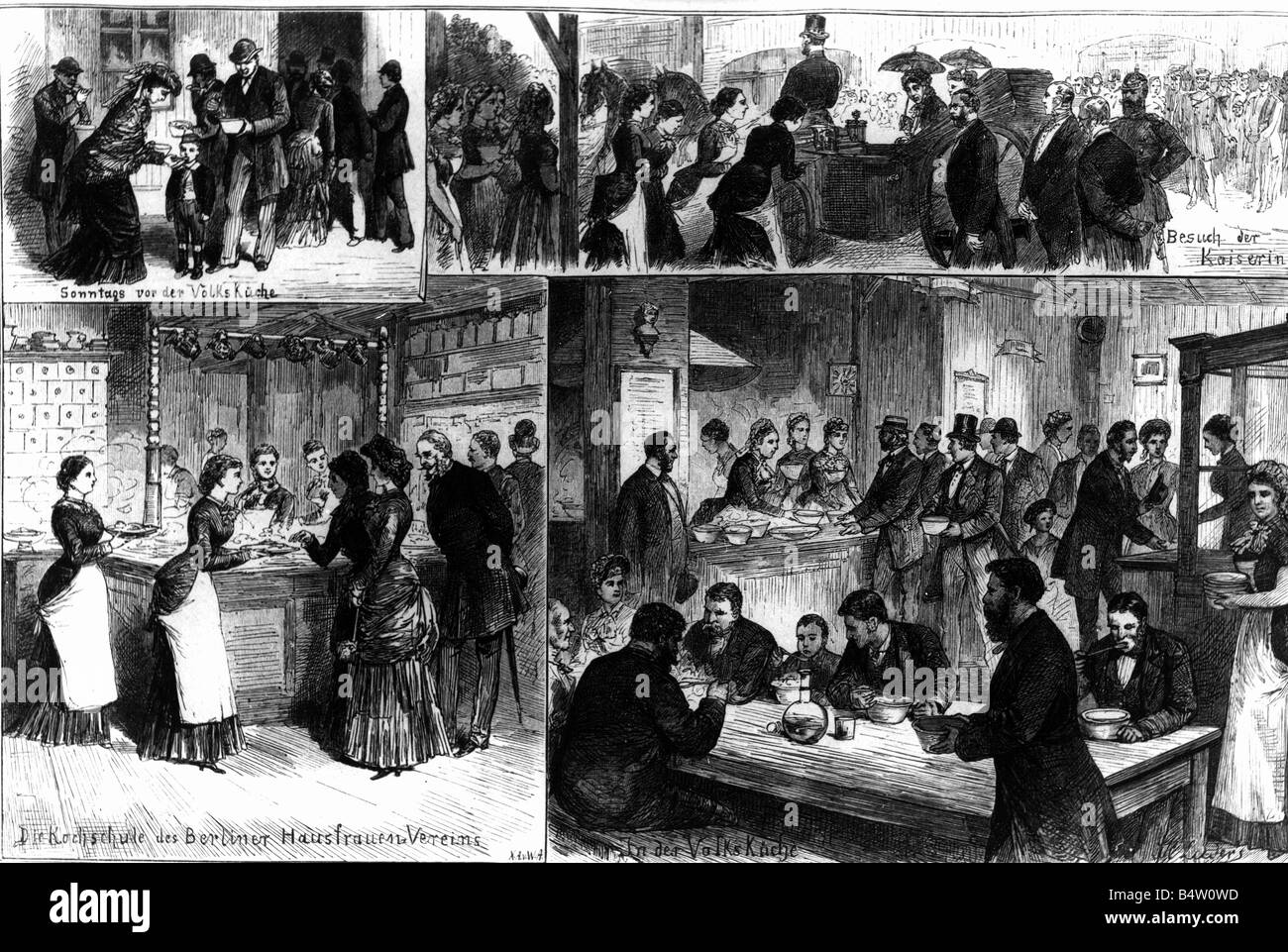 Mostre, medicina, mostra d'igiene, Berlino 1883, scuola di cucina del Club Delle Casalinghe di Berlino, minestra cucina, visita di Empress Augusta, incisione del legno dopo disegno di Hermann Lueders, 1883, cucina, persone, donne, Germania imperiale, Prussia, 19th secolo, storico, storico, Luders, Lüders, Foto Stock