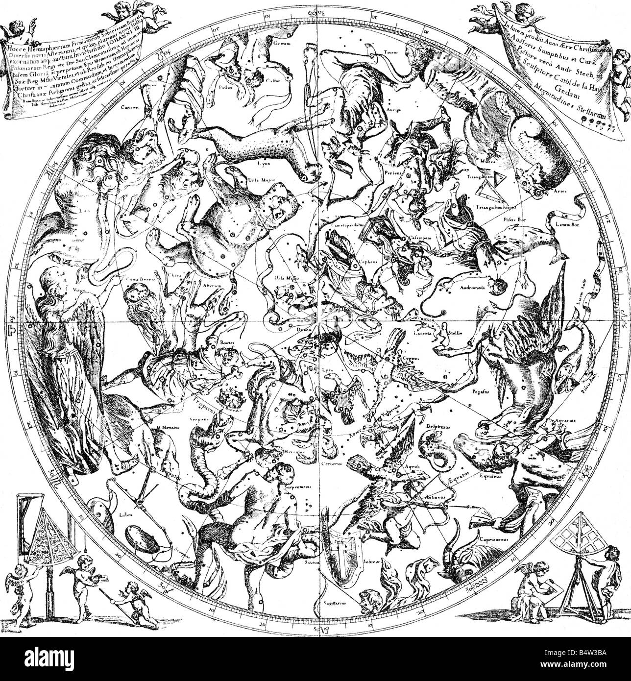 Astromomy, costellazioni, Northern Sky, incisione su rame, 'Firmamentum sobiescianum sive Uranographia' da Johannes , artista del diritto d'autore non deve essere cancellata Foto Stock