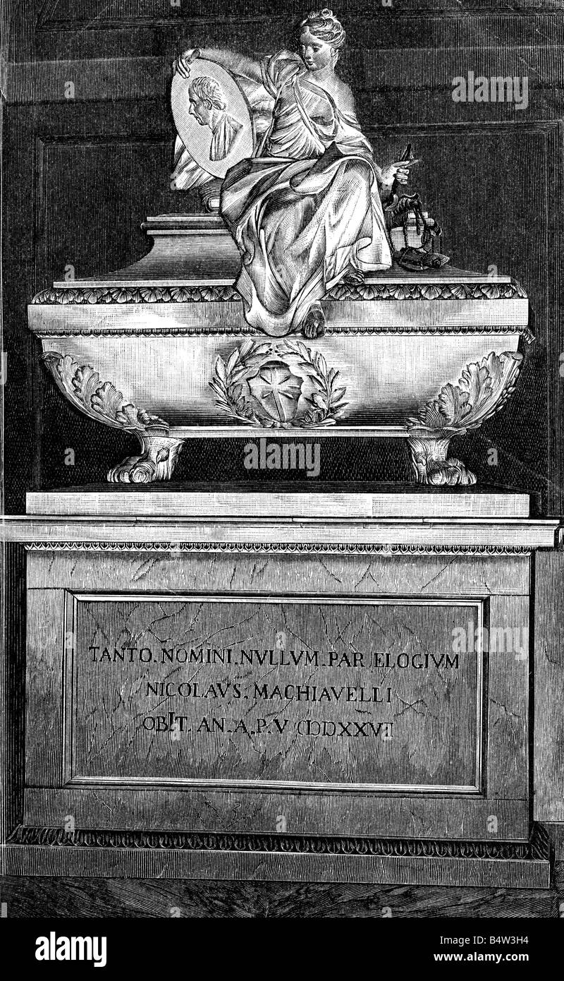 Machiavelli, Niccolo, 3.5.1469 - 22.6.1527, politico italiano, sua tomba, Santa Croce, Firenze, incisione in legno, fine 19th secolo, , Foto Stock