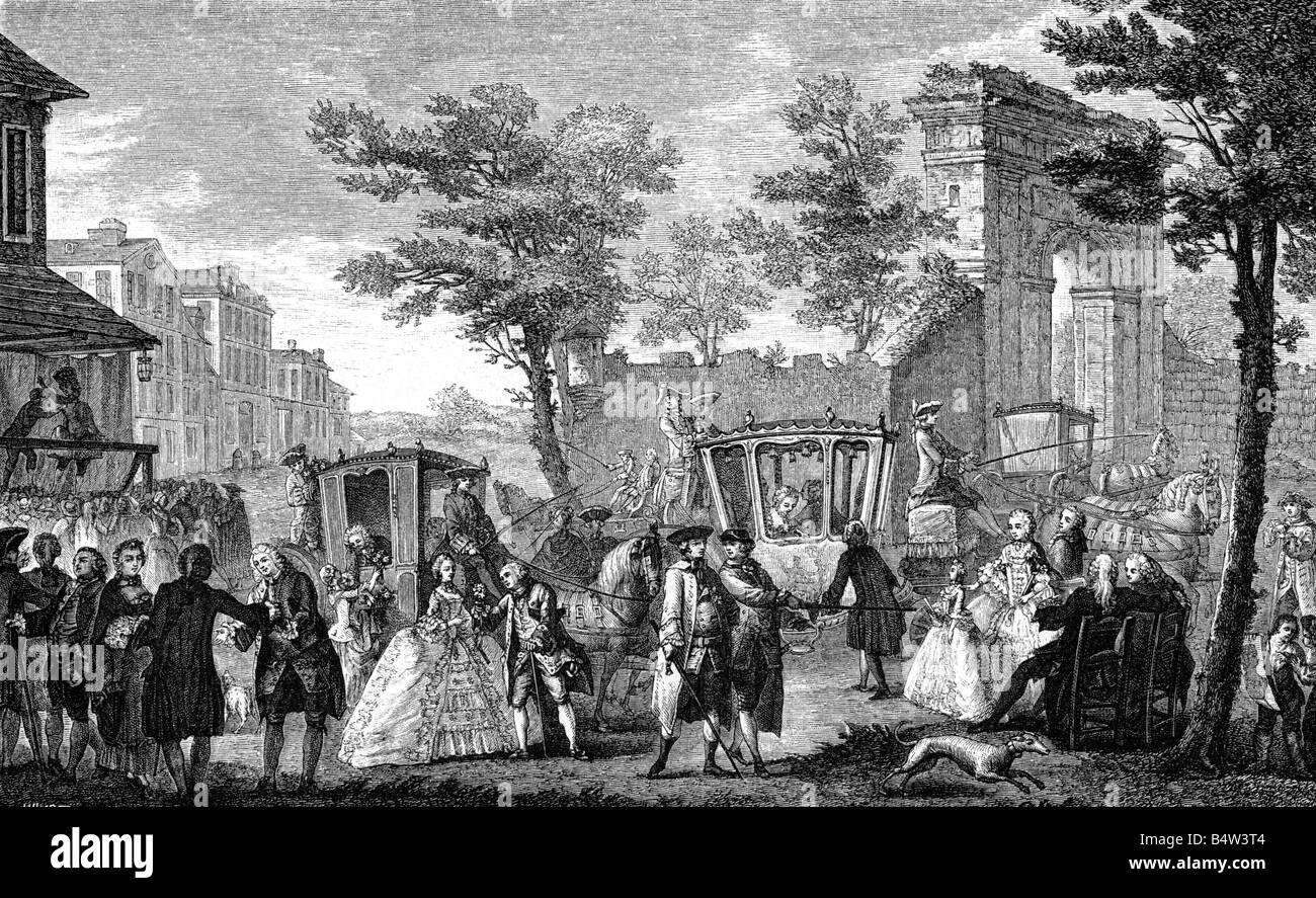 Moda, 17th secolo, Francia, tableau, incisione in rame di Augustin de Saint-Aubin (1736 - 1807), abito, persone, donne, uomini, nobiltà, abbigliamento, rococò, Regime Ancien, storico, storico, Saint Aubin, Foto Stock