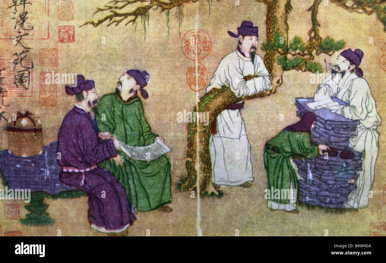 Geografia / viaggio, persone, Studiosi o il Giardino della Letteratura, pittura, di Han Hwang (Han Huang), 8th secolo, appoggiato su albero, personaggi, scritture, filosofi, storici, storici, Foto Stock