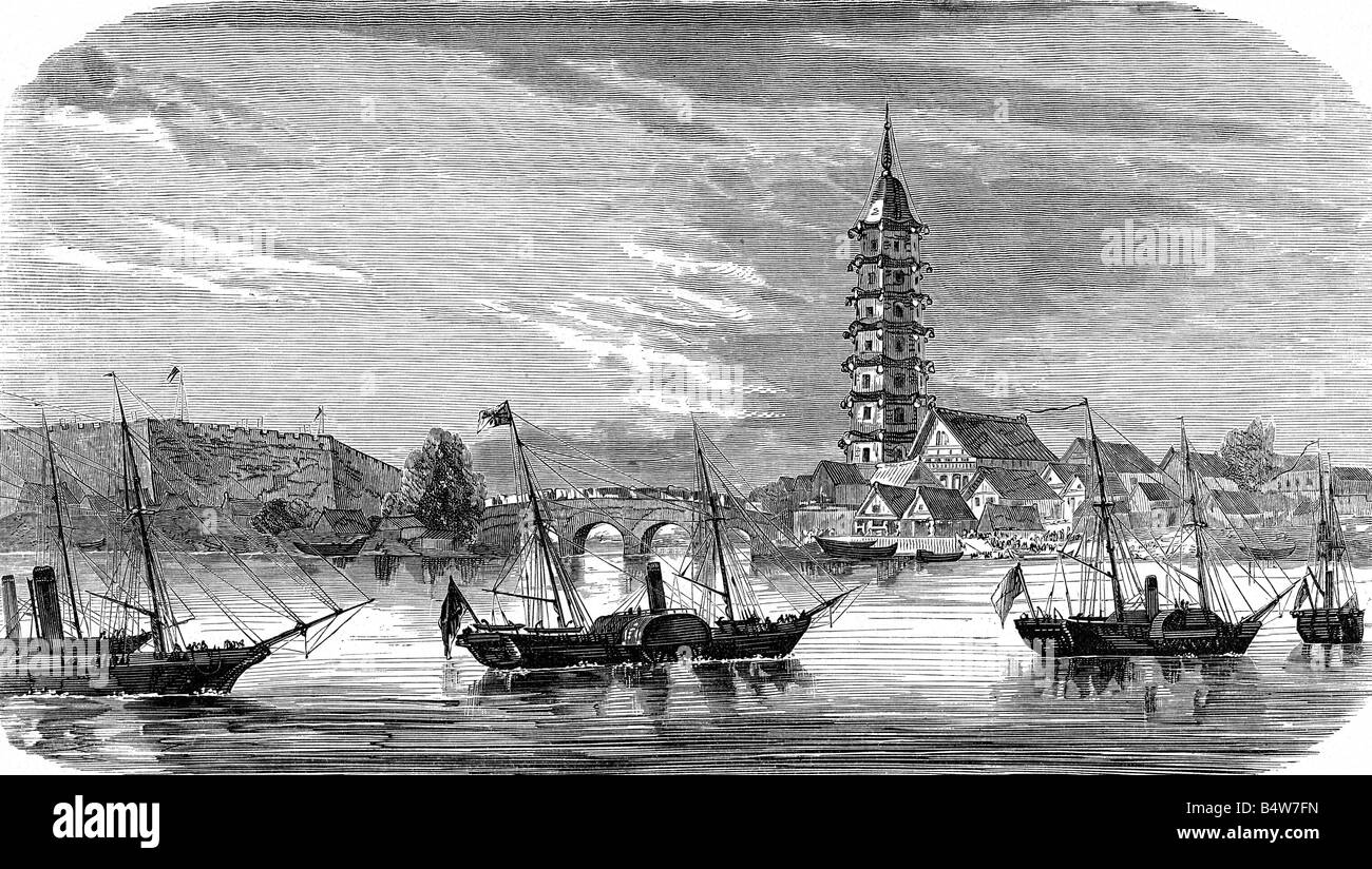 Geografia / viaggio, Cina, politica, Seconda guerra dell'oppio, navi inglesi al largo di Nanjing, incisione del legno, Germania, 1859, Foto Stock
