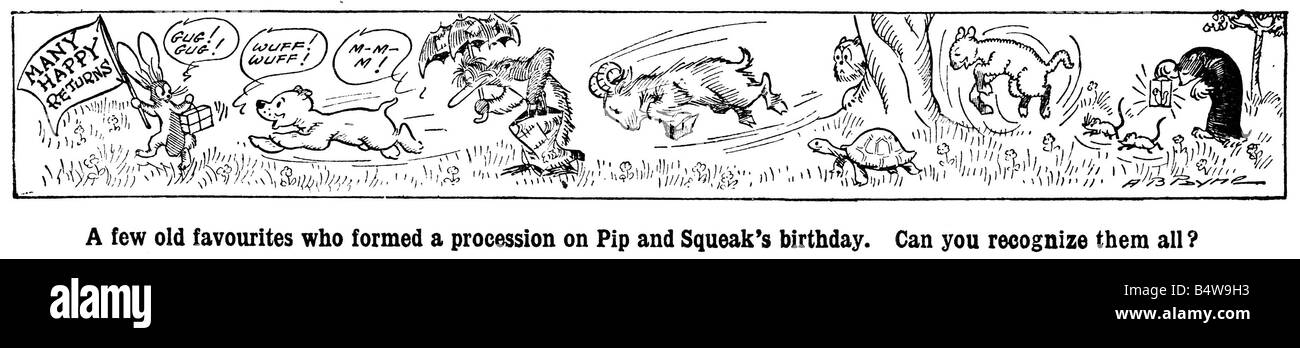 Pip Squeak e Wilfred e amici 1923 Pip Squeak e Wilfred sul 12t Maggio 1919 il Daily Mirror ha introdotto i suoi lettori per le avventure del PIP e Squeak entro nove mesi Pip il cane e il pinguino Squeak erano uniti da un coniglio chiamato Wilfred dog il pinguino e del coniglio sono stati di diventare azienda preferiti con lo specchio dei lettori le loro fan club il Wilfredian League di Gugnune guadagnato oltre 350 000 membri entro sei mesi dalla data del suo lancio il trio starred in Panto e fatto molte apparizioni in pubblico questo insolito trio sono anche state saldi preferiti con la famiglia reale Queen Mary ha visitato la Foto Stock