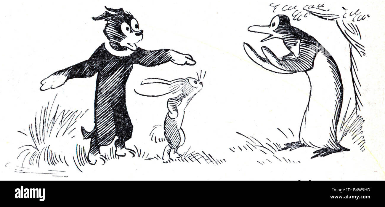 Pip Squeak e Wilfred il 12 maggio 1919 il Daily Mirror ha introdotto i suoi lettori per le avventure del PIP e Squeak entro nove mesi Pip il cane e il pinguino Squeak erano uniti da un coniglio chiamato Wilfred dog il pinguino e del coniglio sono stati di diventare azienda preferiti con lo specchio dei lettori le loro fan club il Wilfredian League di Gugnune guadagnato oltre 350 000 membri entro sei mesi dalla data del suo lancio il trio starred in Panto e fatto molte apparizioni in pubblico questo insolito trio sono anche state saldi preferiti con la famiglia reale Queen Mary ha visitato il trio in Bristol Zoo nei primi 20Õs il Foto Stock