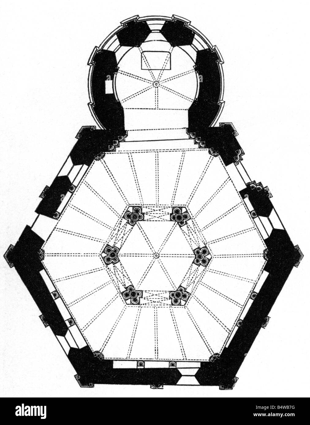 Architettura, piantine, Saint Mathew Chappel, Kobern, costruita tra il 1220 e il 1240, incisione del legno, 19th secolo, pianta, chiesa, religione, cristianesimo, gotico, Europa, Germania, Renania-Palatinato, storico, storico, 13th secolo, Renania Palatinato, Medioevo, medievale, Foto Stock
