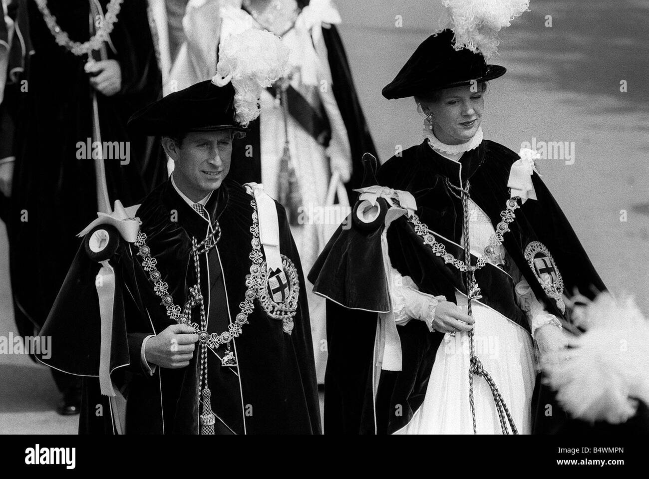 La regina Margrethe di Danimarca e il Principe Carlo durante il Royal Garter cerimonia MSI Foto Stock