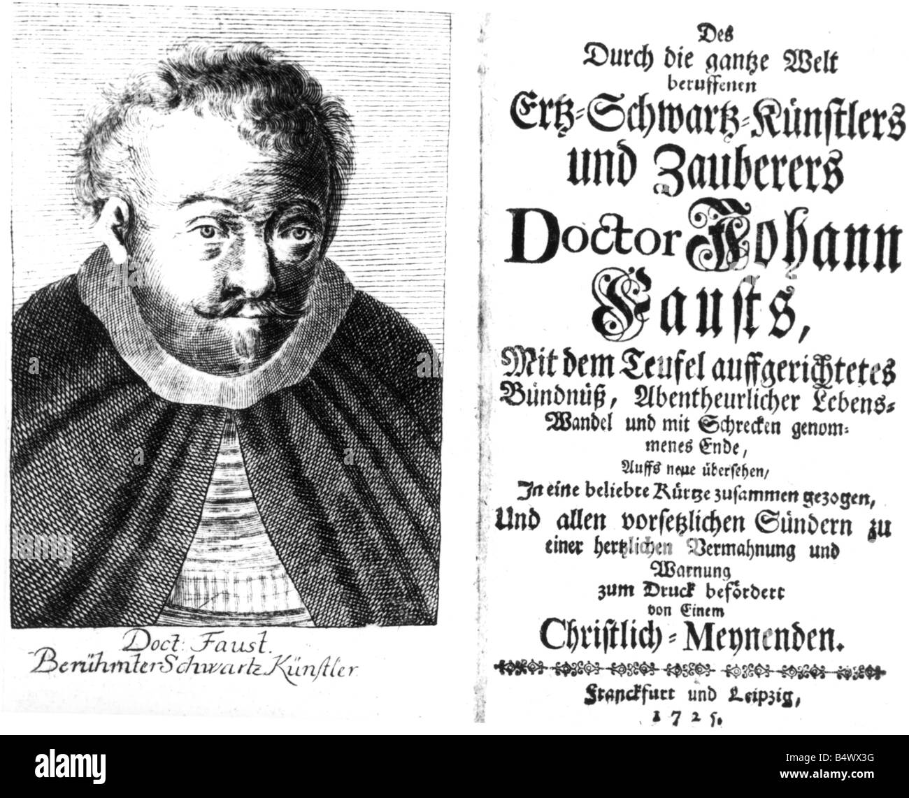 Faust, Johann Georg, 1480 - 1540, mago tedesco, astrologo, mentalista, ritratto e libro titolo, Lipsia/Francoforte 1725, Foto Stock
