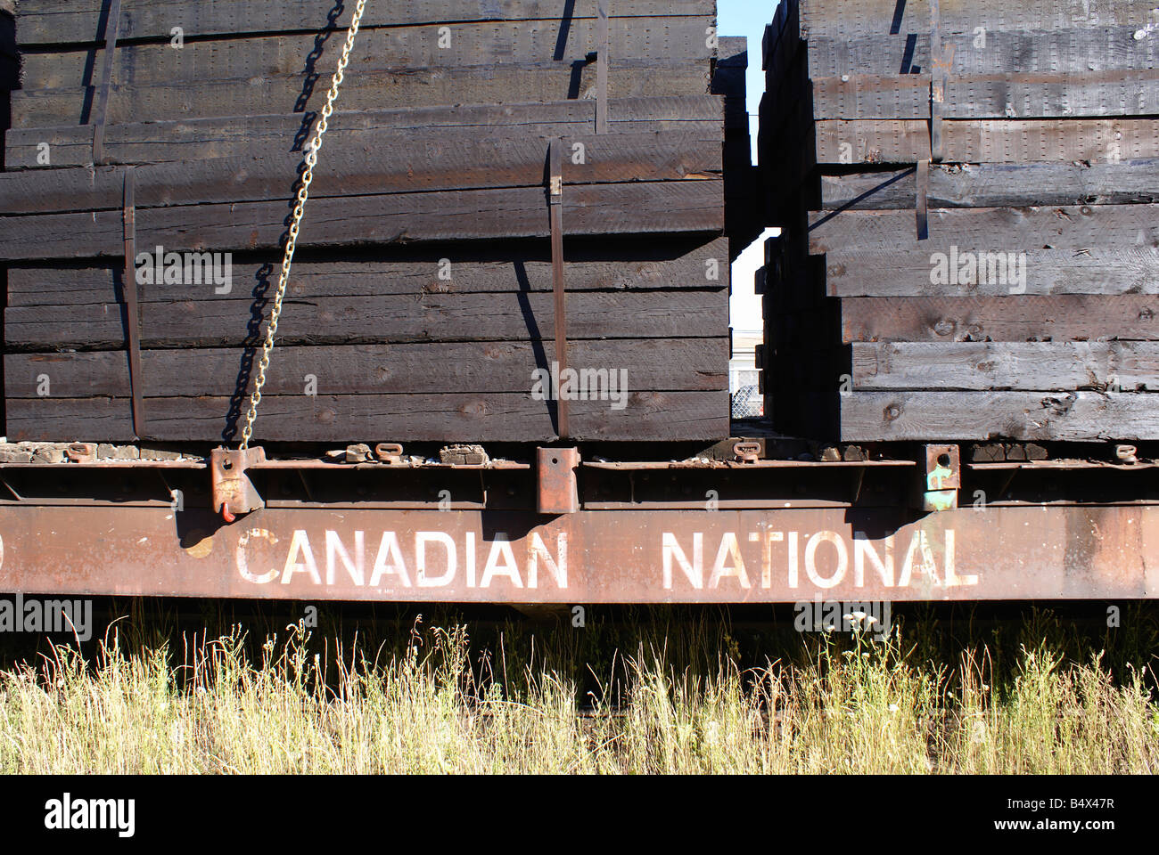 Sostituzione legami ferroviaria impilati CN Rail Manitoba Foto Stock