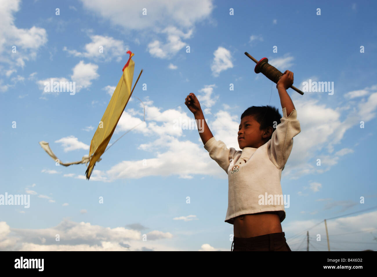 Ragazzo giovane battenti la sua kite Foto Stock