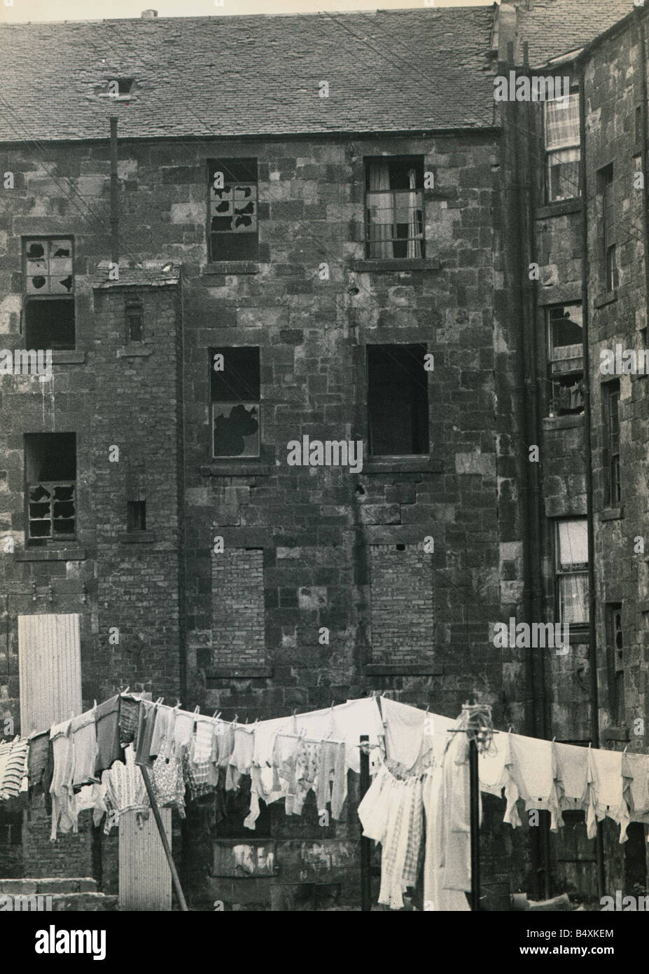 Alloggiamento baraccopoli nella Dalmarnock distretto di Glasgow il deralict tenament alloggiamento con le sue finestre rotte un carico di lavaggio è appesa ad asciugare Ottobre 1963 Foto Stock
