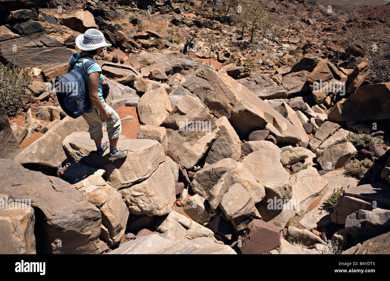 Escursioni attraverso i detriti di calcare nella zona di Twyfelfontein Damaraland Namibia Foto Stock