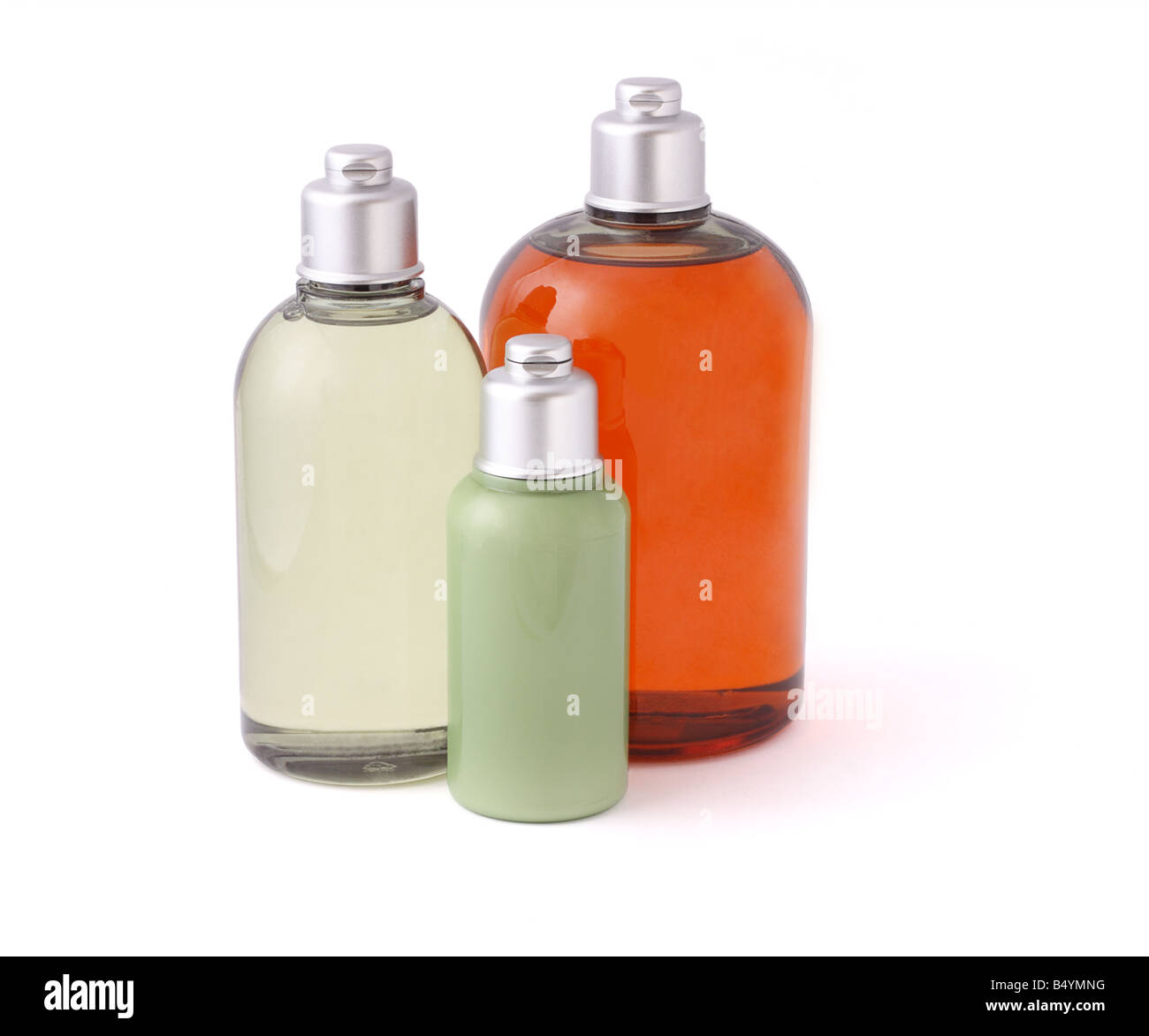 Tre bottiglie di igiene prodotto su sfondo bianco Foto Stock