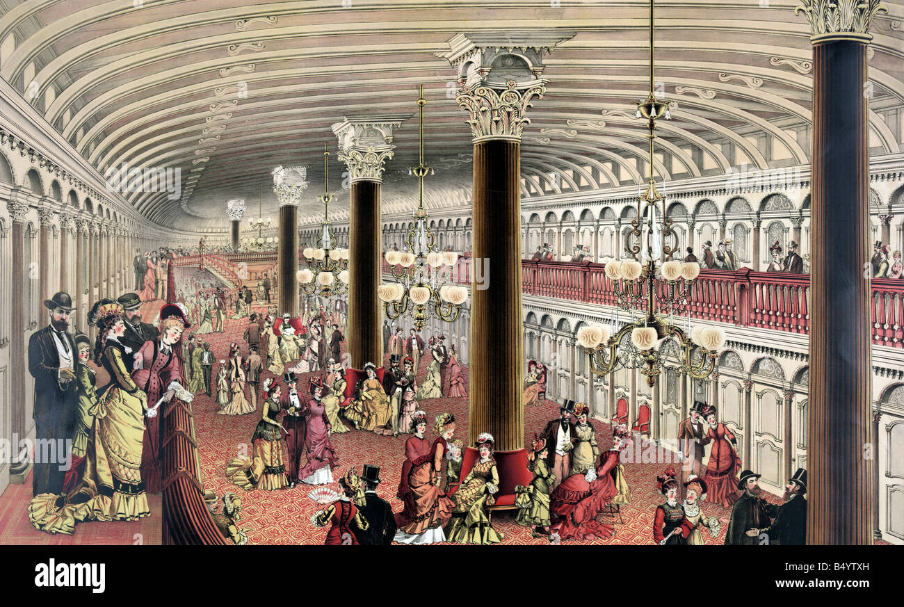 Vista interna di una lussuosa sala da ballo di steamboat 1878 Foto Stock