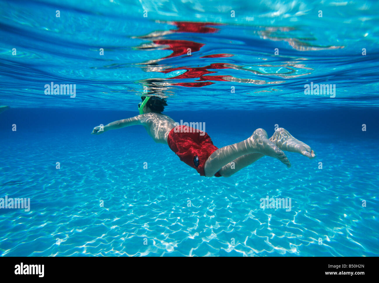 Dieci anni di vecchio ragazzo snorkeling nelle limpide acque off Grand Cayman Island Foto Stock