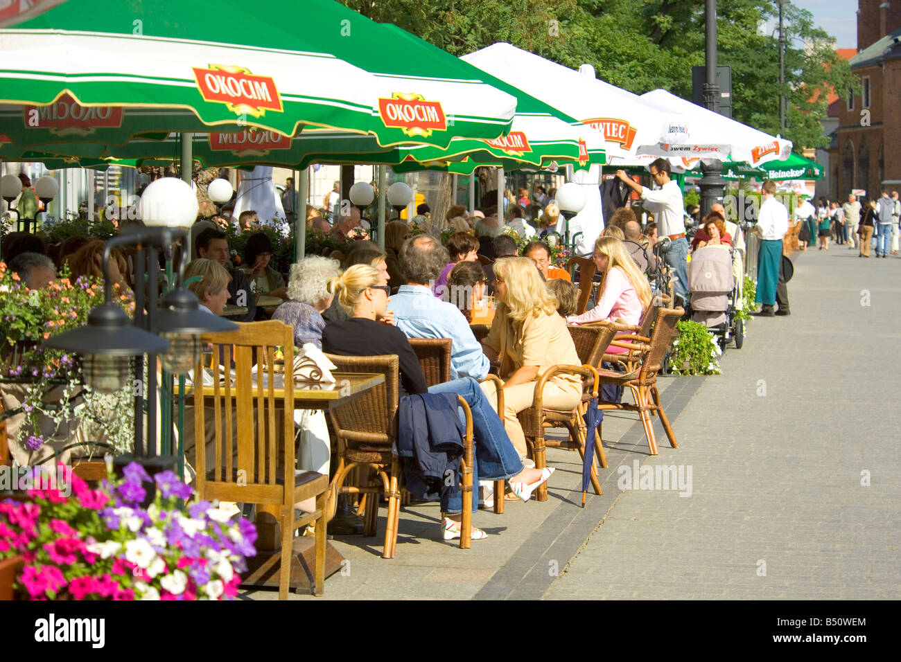 La Piazza del Mercato di Cracovia in Polonia che mostra la cultura dei caffè. Foto Stock
