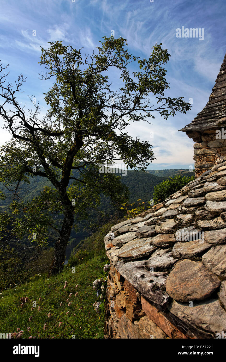 Un affascinante cottage con un tetto in pietra si trova in cima a una collina, che si affaccia su una vasta valle. Un albero solitario si trova nelle vicinanze, i suoi rami raggiungono il cielo. Foto Stock
