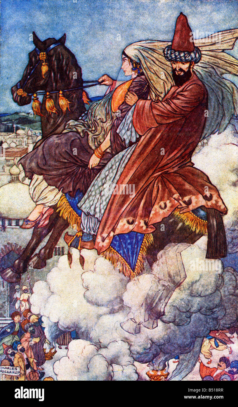 La storia del cavallo incantato illustrazione di Charles Folkard dal libro Arabian Nights pubblicato 1917 Foto Stock