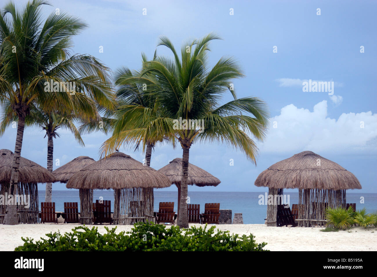 Il faggio con cielo blu, capanne di faggio, palme e sedie a sdraio su l'isola di Cozumel Messico Foto Stock