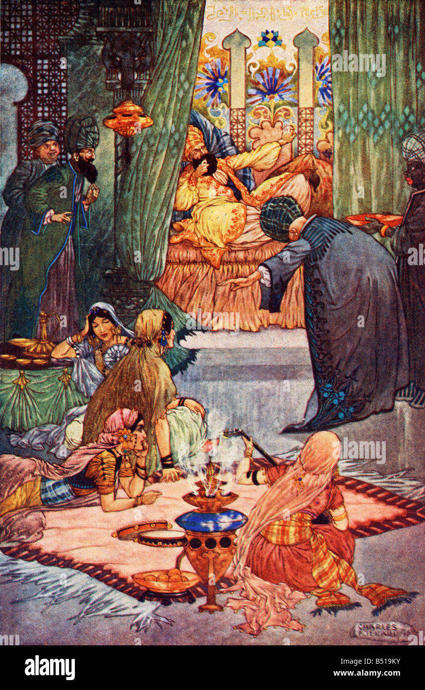 Abou Hassan o traversina risvegliato illustrazione di Charles Folkard dal libro Arabian Nights pubblicato 1917 Foto Stock