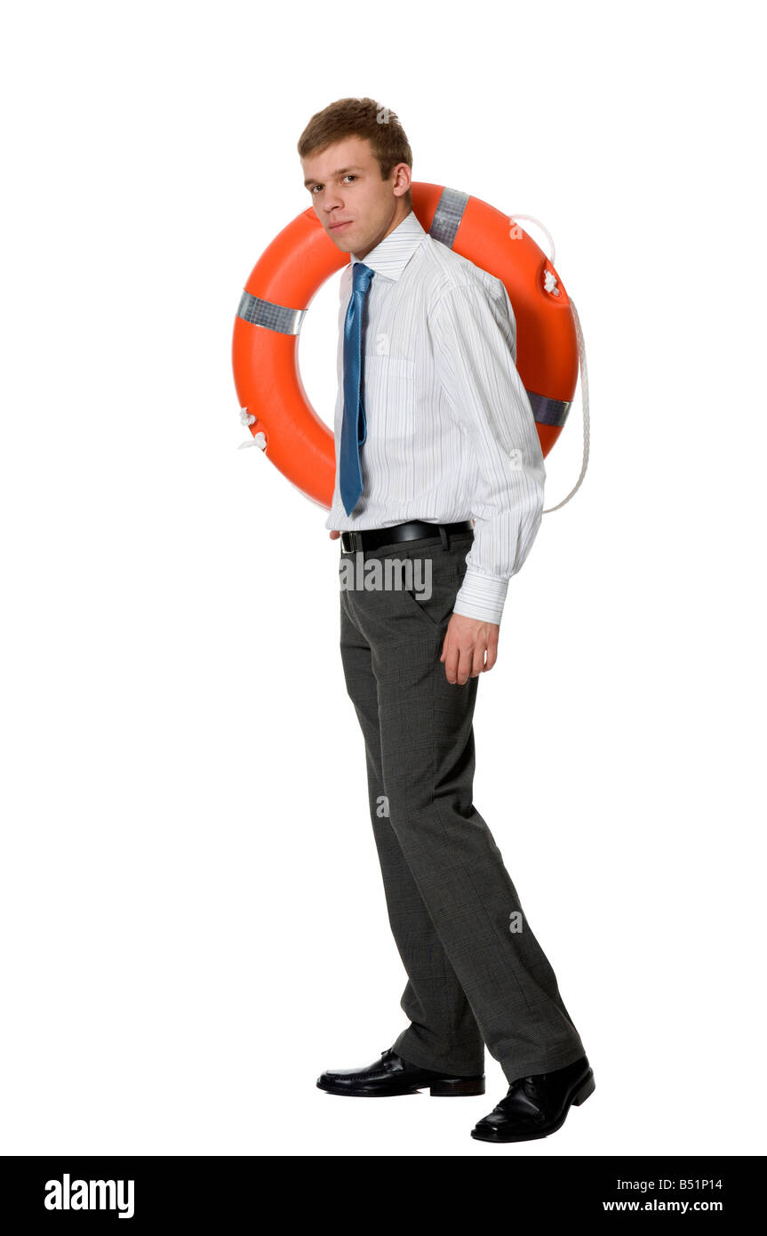Imprenditore con la ruota di soccorso Foto Stock