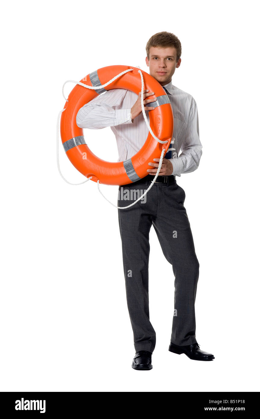 Imprenditore con la ruota di soccorso Foto Stock
