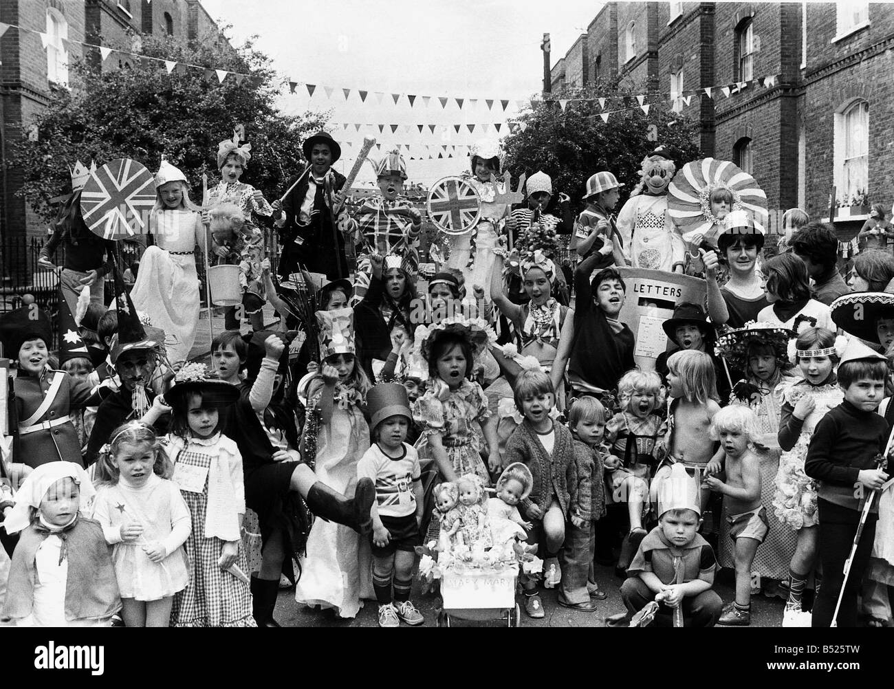 Queen Elizabeth II 1977 Silver Jubilee Childrens Street Party Children at a street party in fancy dress in Methley Street and Radcot Street in London Queen Elizabeth II 1977 Silver Jubilee Childrens Street Party Children at a street party in fancy dress in Methley Street and Radcot Street in London