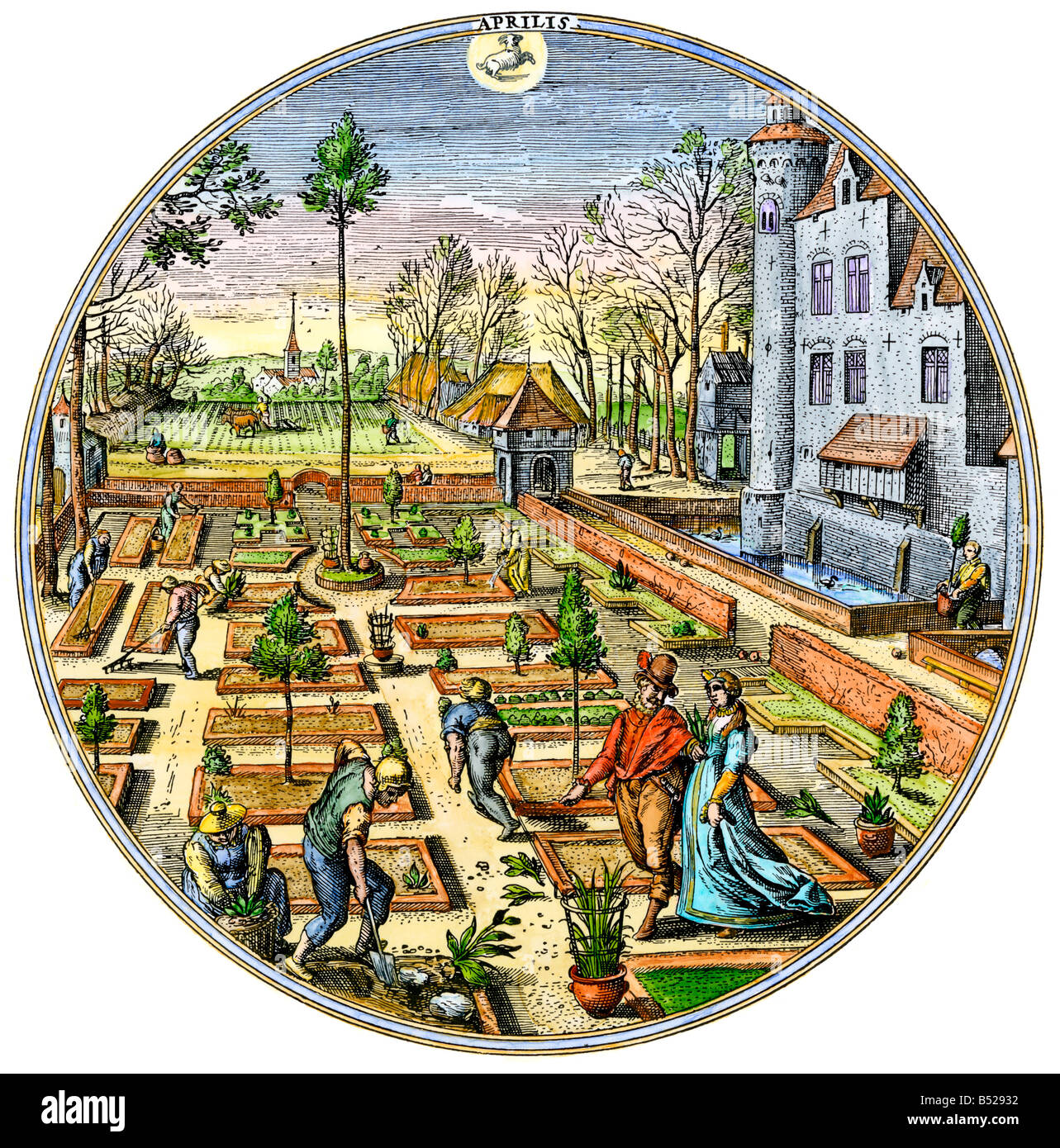 Il lavoro di primavera in una comunità giardino formale con letti sollevata circa 1590. Colorate a mano la xilografia Foto Stock