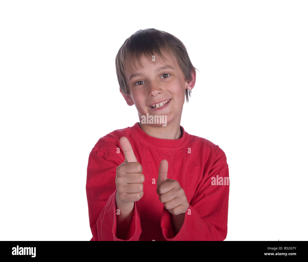 Immagine di un ragazzo con il pollice in alto su sfondo bianco Foto Stock