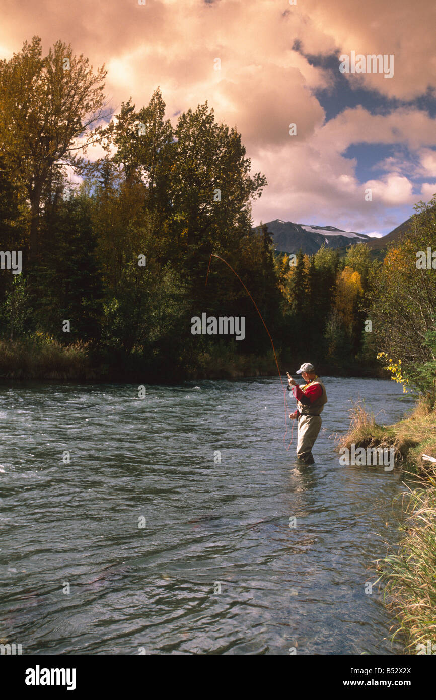 L uomo è in piedi in acqua di Pesca a Mosca Report di Pesca al quarzo Creek Alaska Foto Stock