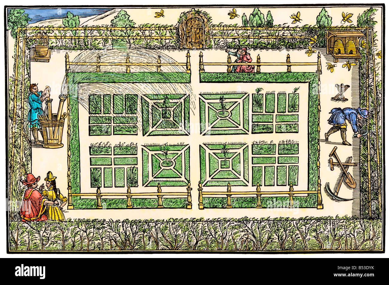 Giardino acqua pompata attraverso i letti tramite canali intersecanti letto formale del design 1571. Colorate a mano la xilografia Foto Stock