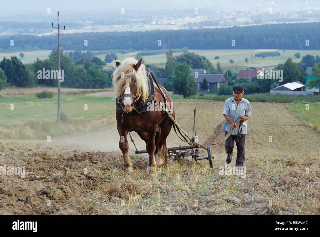 La Polonia Psary village, coltivazione fatica fatica a cavallo aratro Foto Stock