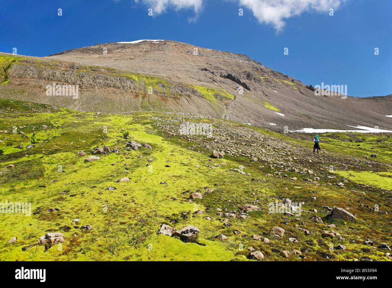 L'uomo escursionismo fino una bella montagna con terreni incontaminati Foto Stock
