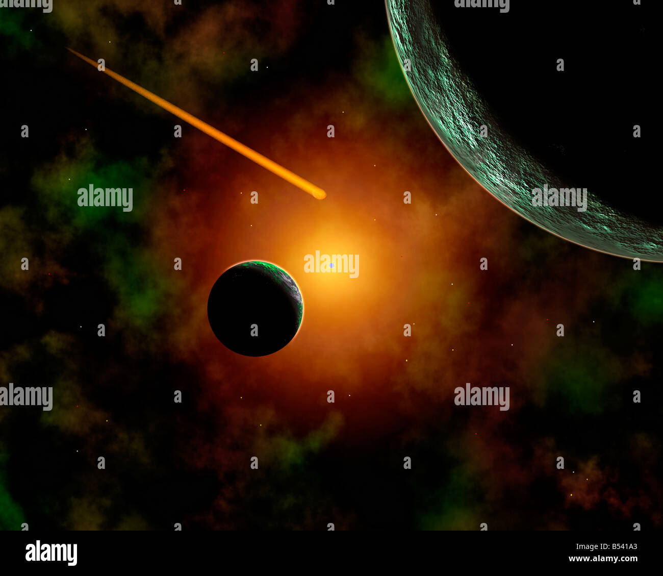 I pianeti in orbita intorno a una stella Thats sul bordo di una nebulosa, visitato da un passaggio di cometa. Foto Stock