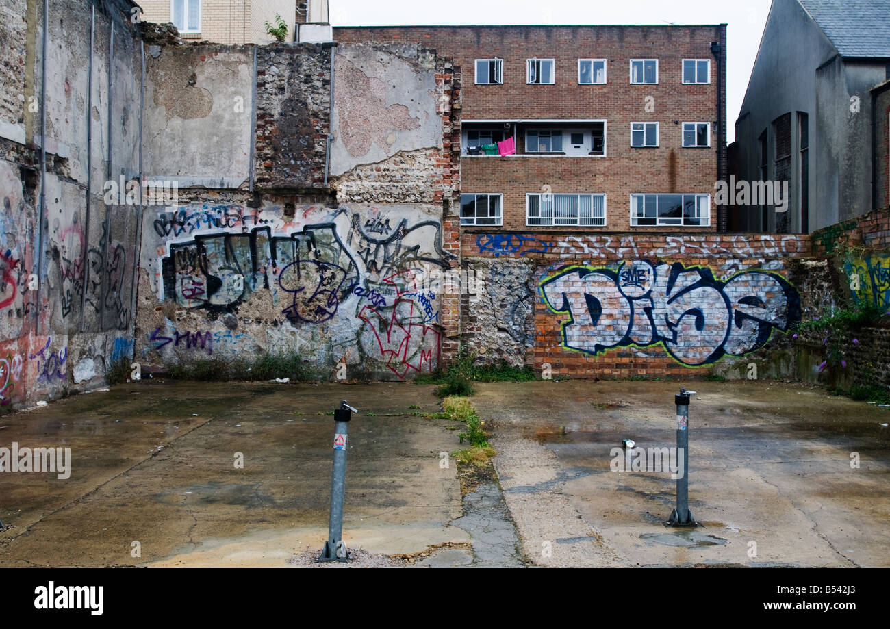 Regno Unito, Inghilterra, 2 agosto 2008. Alloggi urbani in Brighton dietro un muro di graffiti. Foto Stock