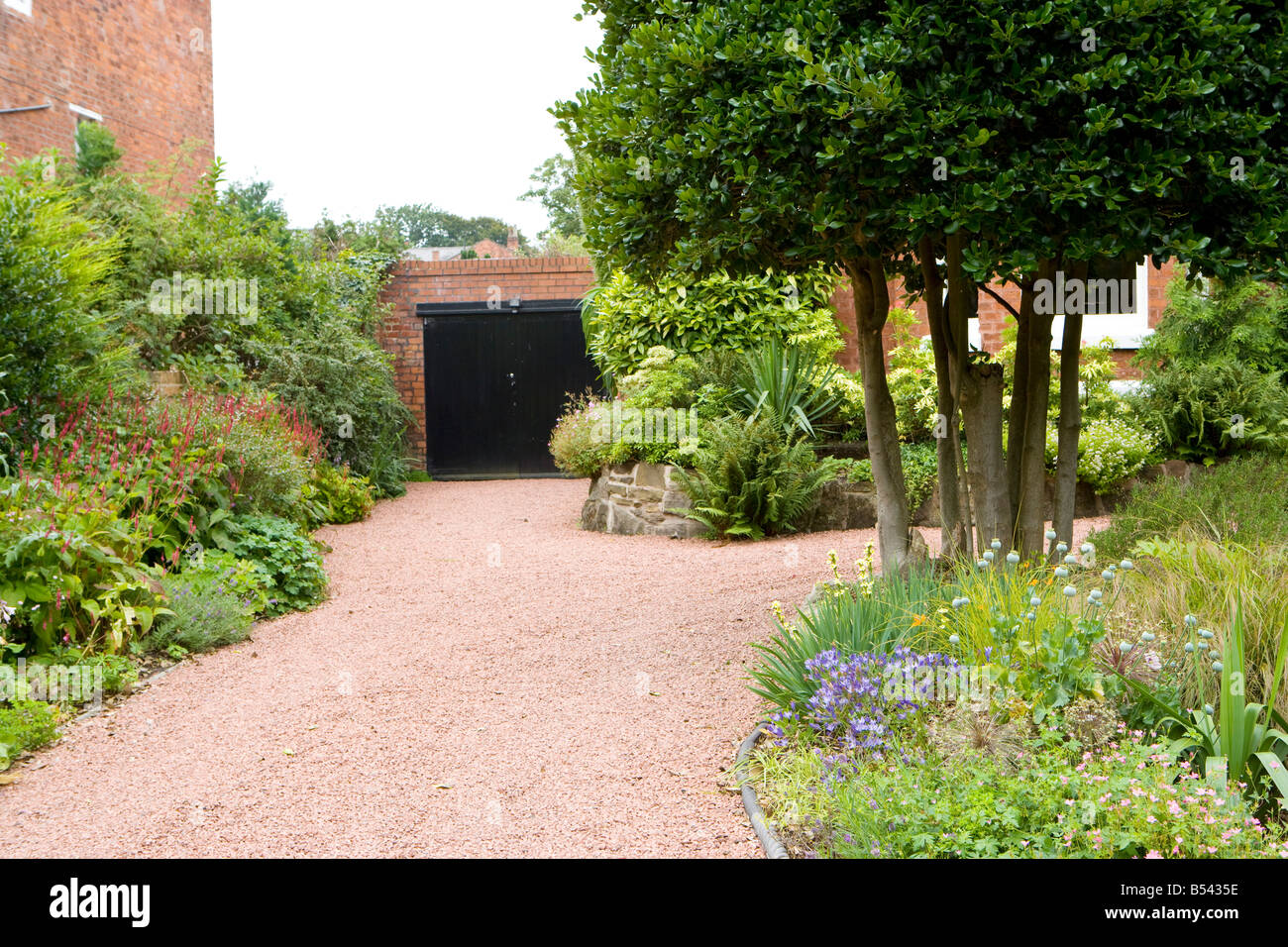 Giardino frontale di una grande casa unifamiliare con red stradina di ghiaia e holly boccole Foto Stock