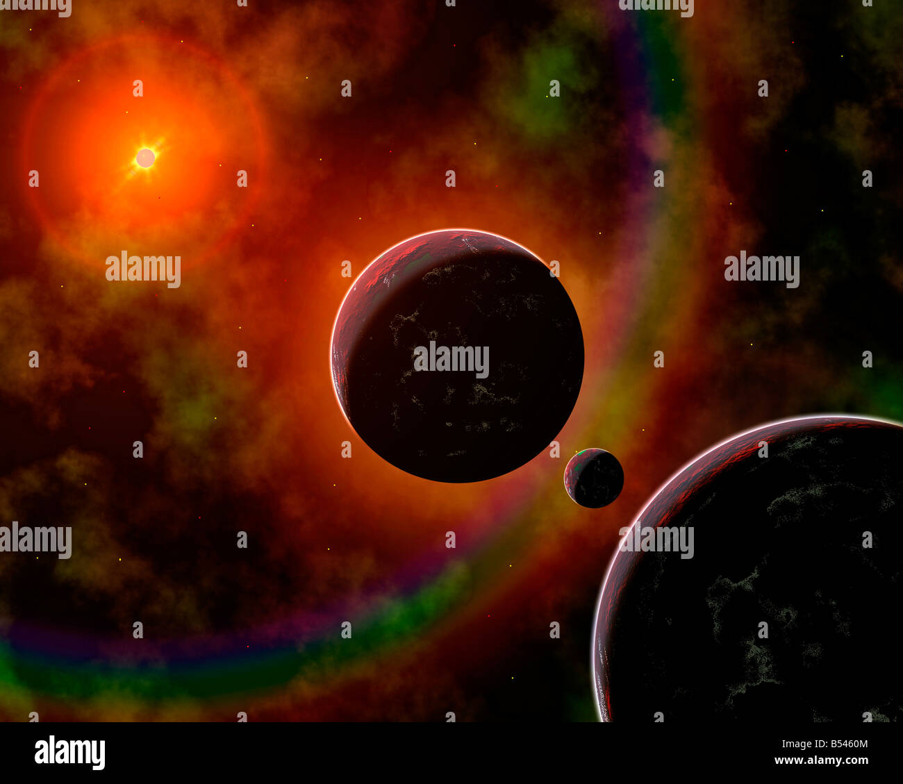 I pianeti in orbita intorno a una stella Thats sul bordo di una nebulosa Foto Stock