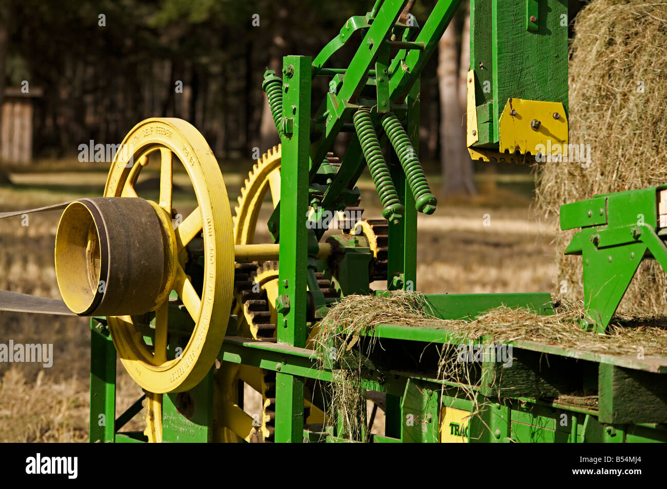 Il fieno affidando la dimostrazione con una cinghia azionata fieno premere durante il motore di vapore visualizza, Westwold, British Columbia, Canada Foto Stock