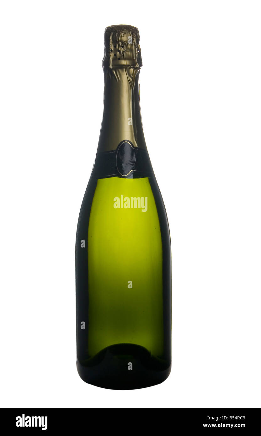 Singola bottiglia di champagne vino isolato su sfondo bianco Foto Stock