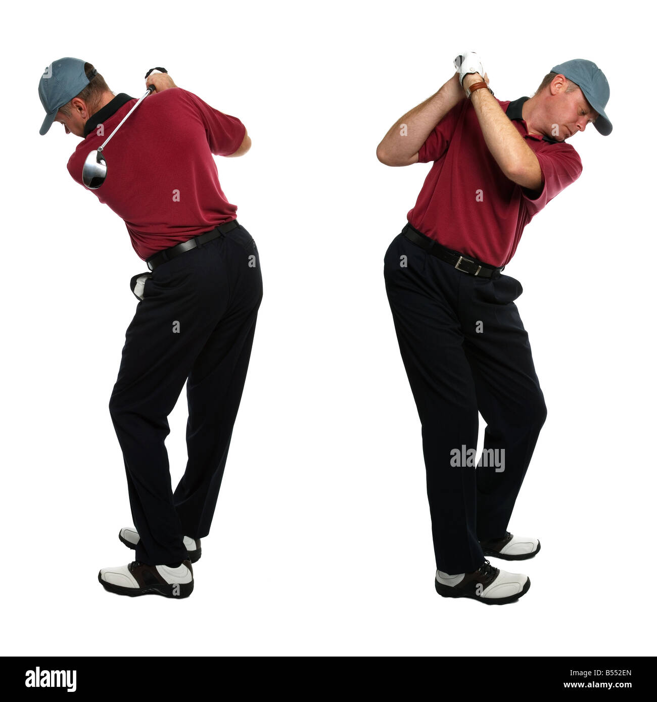 Entrambe le viste laterali di un golfista maschio prendendo un'altalena con un club di golf isolato su uno sfondo bianco Foto Stock