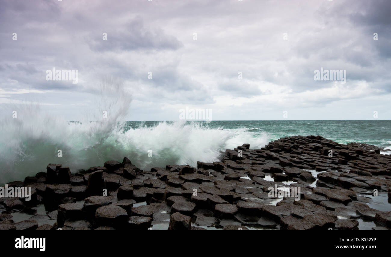 Onde che si infrangono sulle giganti causeway, Irlanda Foto Stock