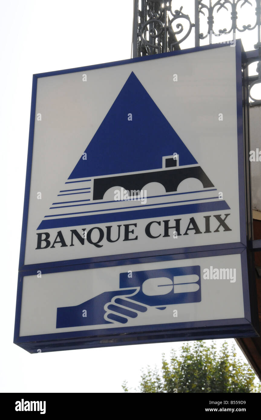 Logo della Banque Chaix, una banca regionale nel sud della Francia. Questo è in Alès, Gard. Foto Stock