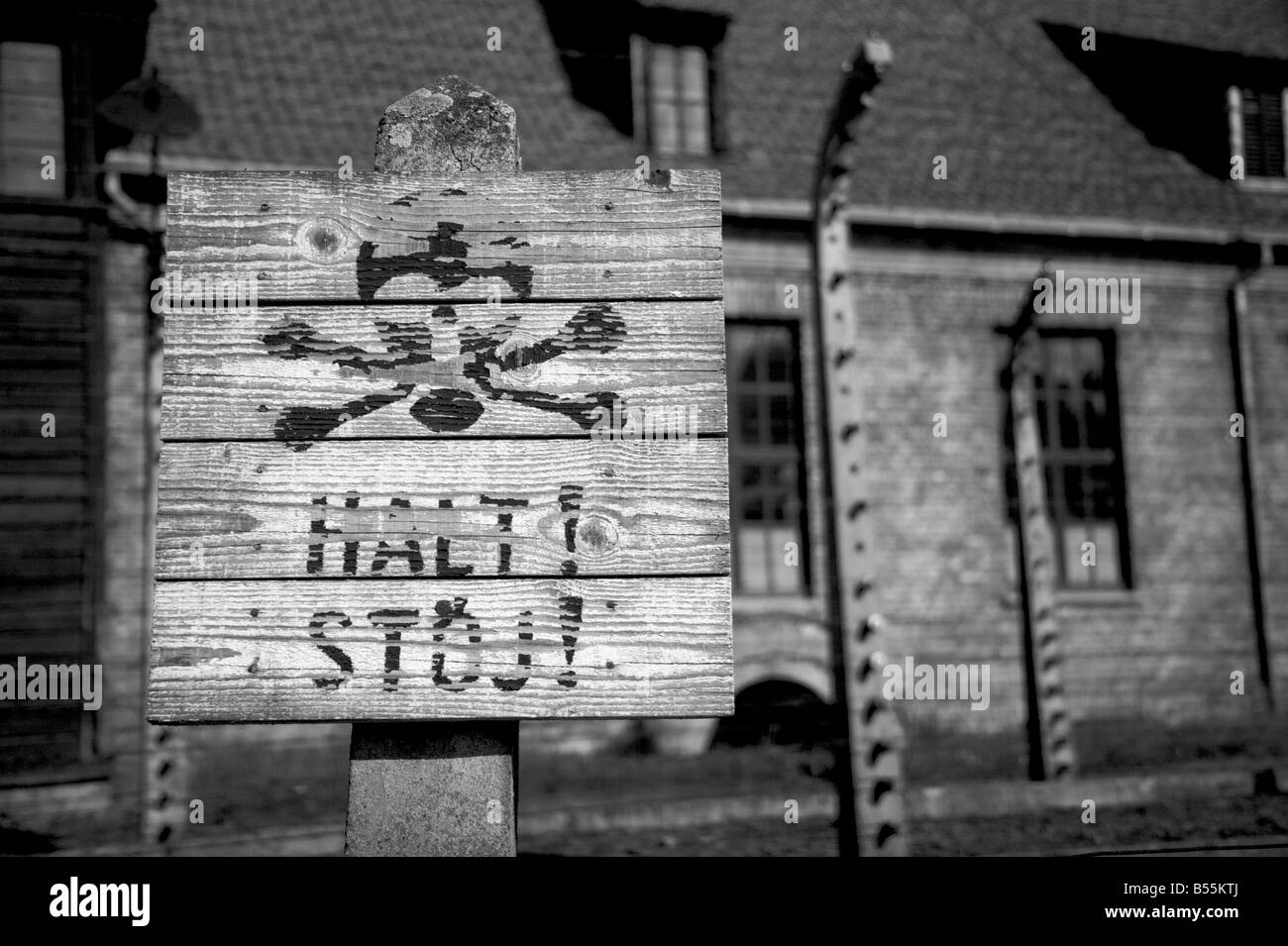 Avvertenza stop con cranio&ossa simbolo nella parte anteriore del filo spinato recinzione elettrificata nell'ex campo di concentramento di Auschwitz ho Foto Stock