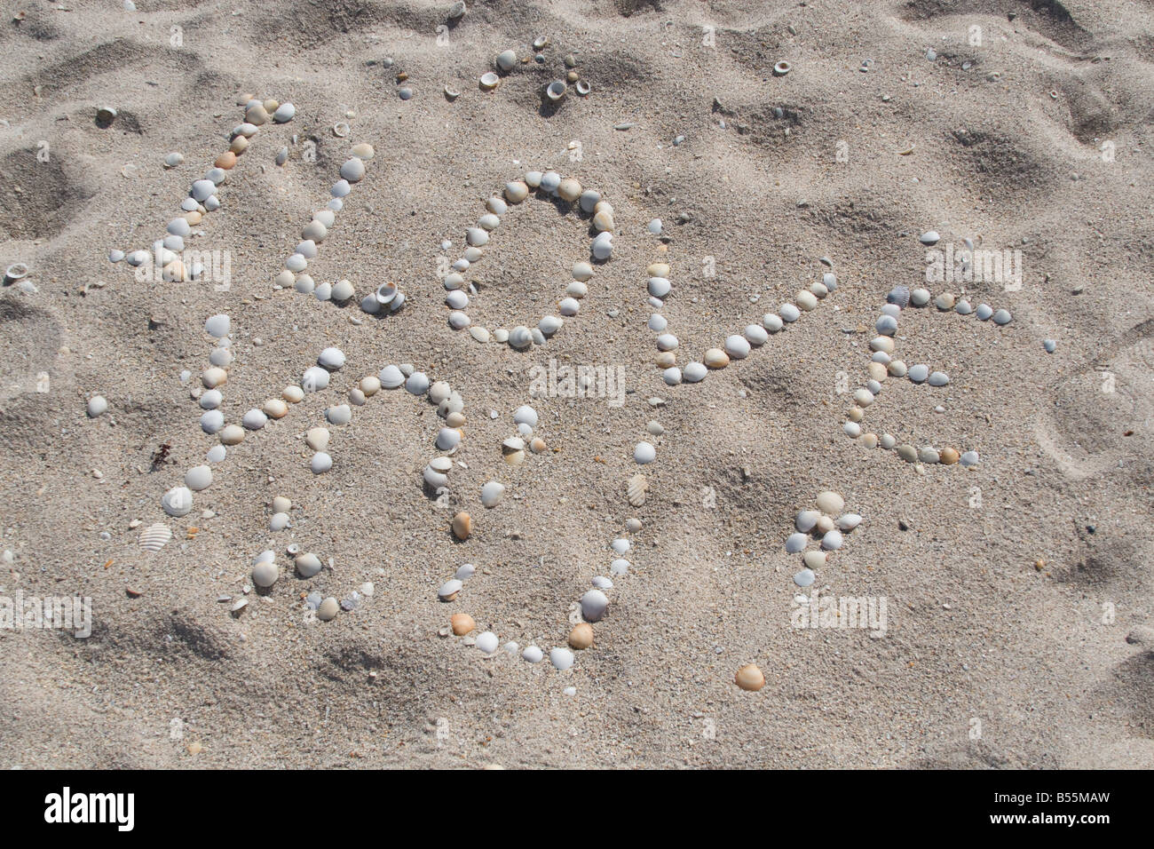 "Ti amo", scritto nella sabbia con conchiglie sulla spiaggia Foto Stock