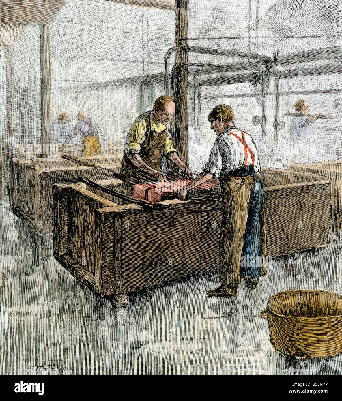 Lavoratori nella camera di tintura di un mulino tessili 1800s. Colorate a mano la xilografia Foto Stock