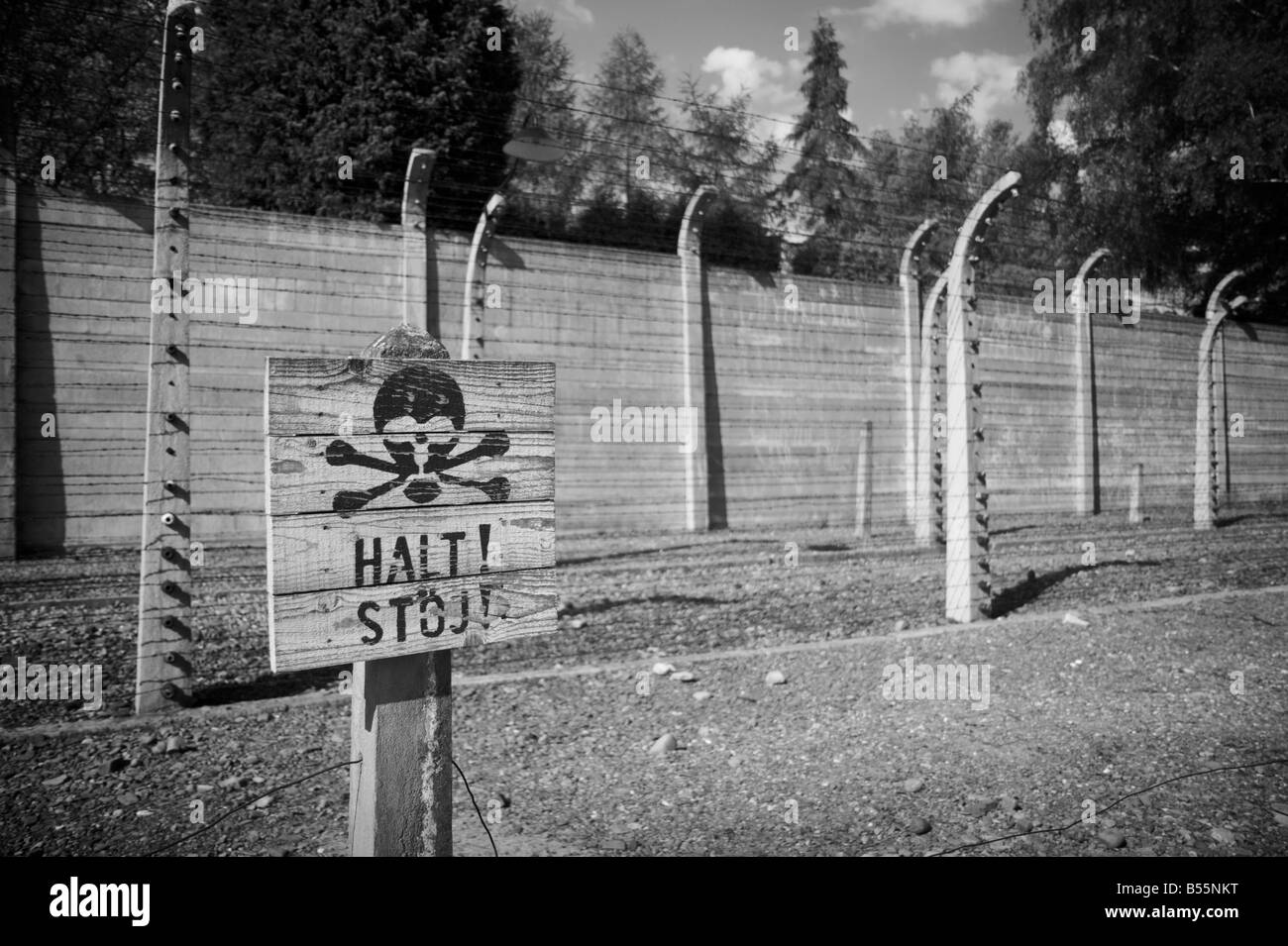 Avvertenza stop con cranio&ossa simbolo nella parte anteriore del filo spinato recinzione elettrificata nell'ex campo di concentramento di Auschwitz ho Foto Stock
