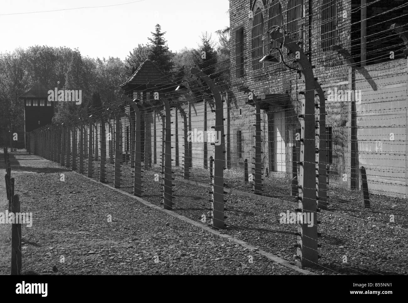 Due righe di alta tensione del filo spinato recinzione elettrificata al di fuori di un edificio in mattoni e due torri di guardia in Auschwitz I Foto Stock