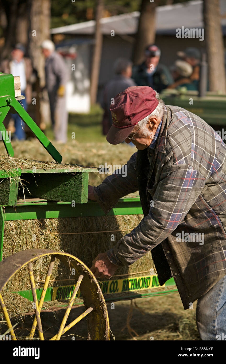 Il fieno affidando la dimostrazione con una cinghia azionata fieno premere durante il motore di vapore visualizza, Westwold, British Columbia, Canada Foto Stock