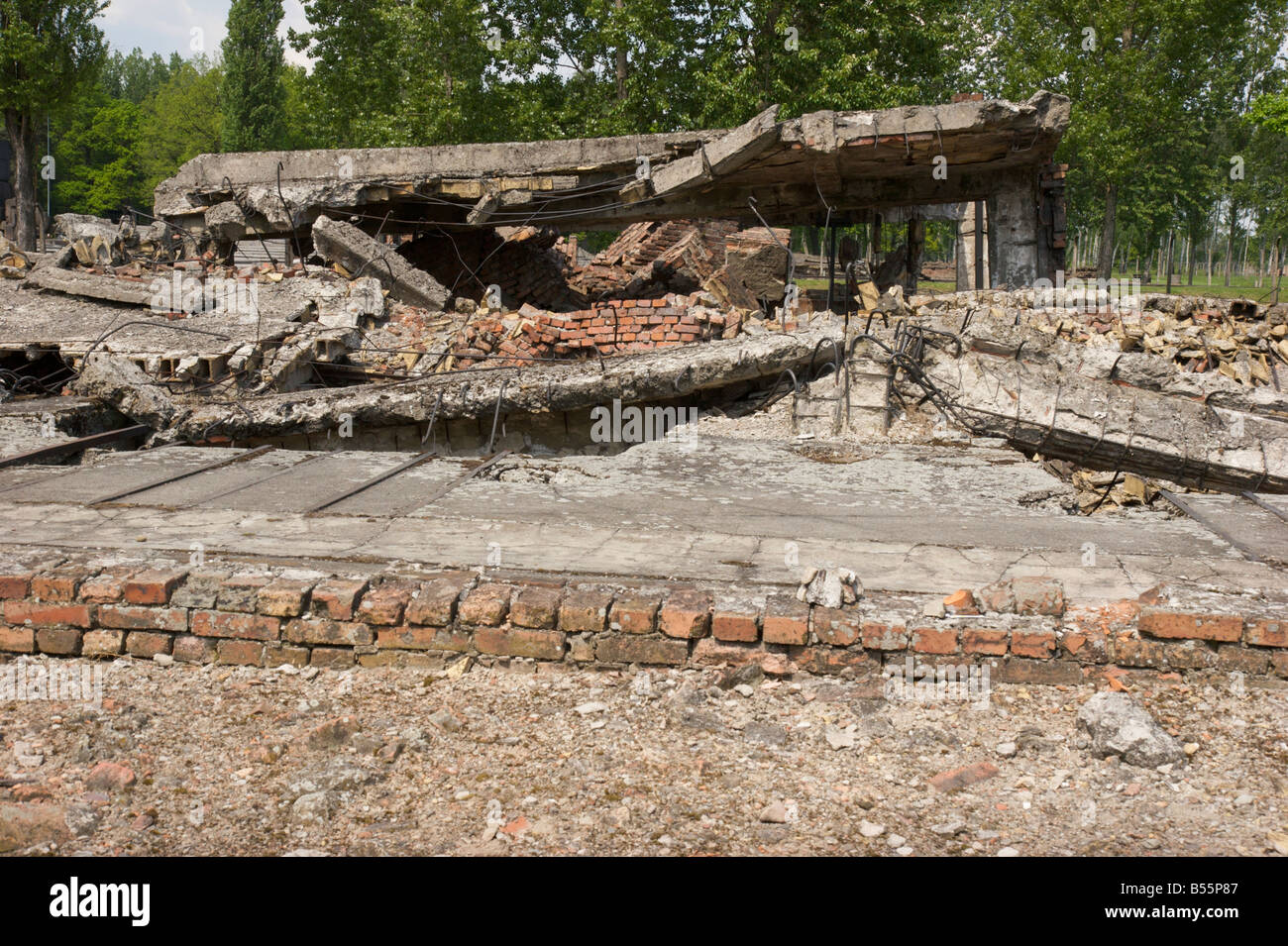 Rovine di una camera del gas e crematorio edifici dell'ex campo di concentramento di Auschwitz II (Birkenau) Foto Stock