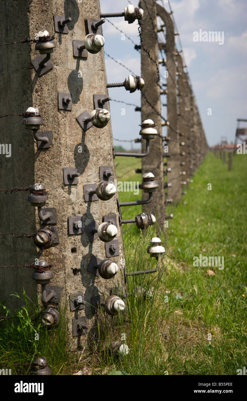 Primo piano di un angolo post di alta tensione del filo spinato recinto elettrico nell'ex campo di concentramento di Auschwitz II (Birkenau) Foto Stock