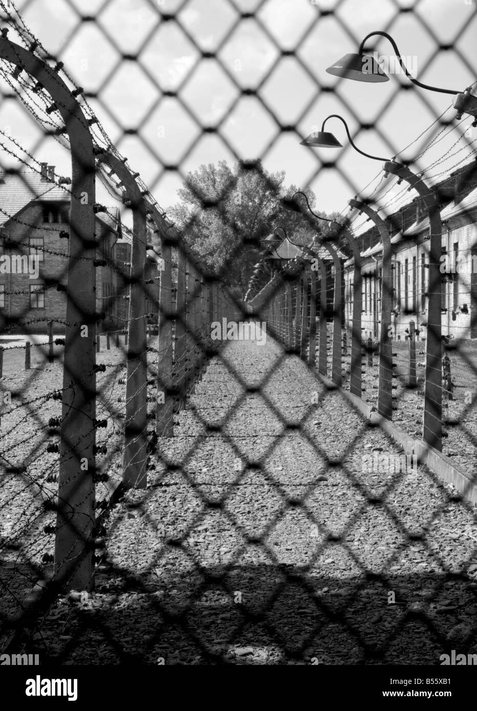Due righe di alta tensione del filo spinato recinzione elettrificata visto attraverso una catena collegamento recinto dell'ex campo di concentramento di Auschwitz ho Foto Stock